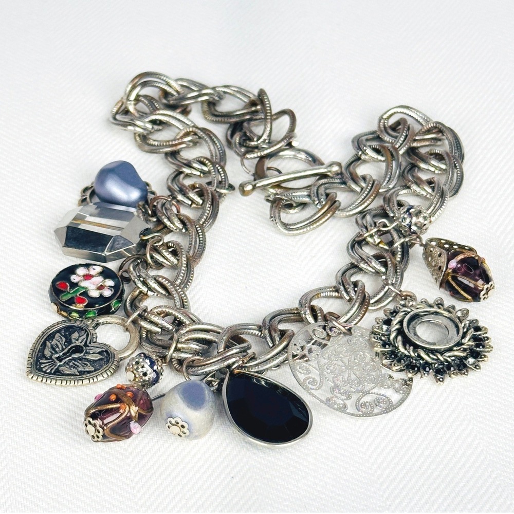 Vintage 90s Silver Charm Necklace Heart Locket Enamel Eclectic Chain Toggle - Picture 7 of 7